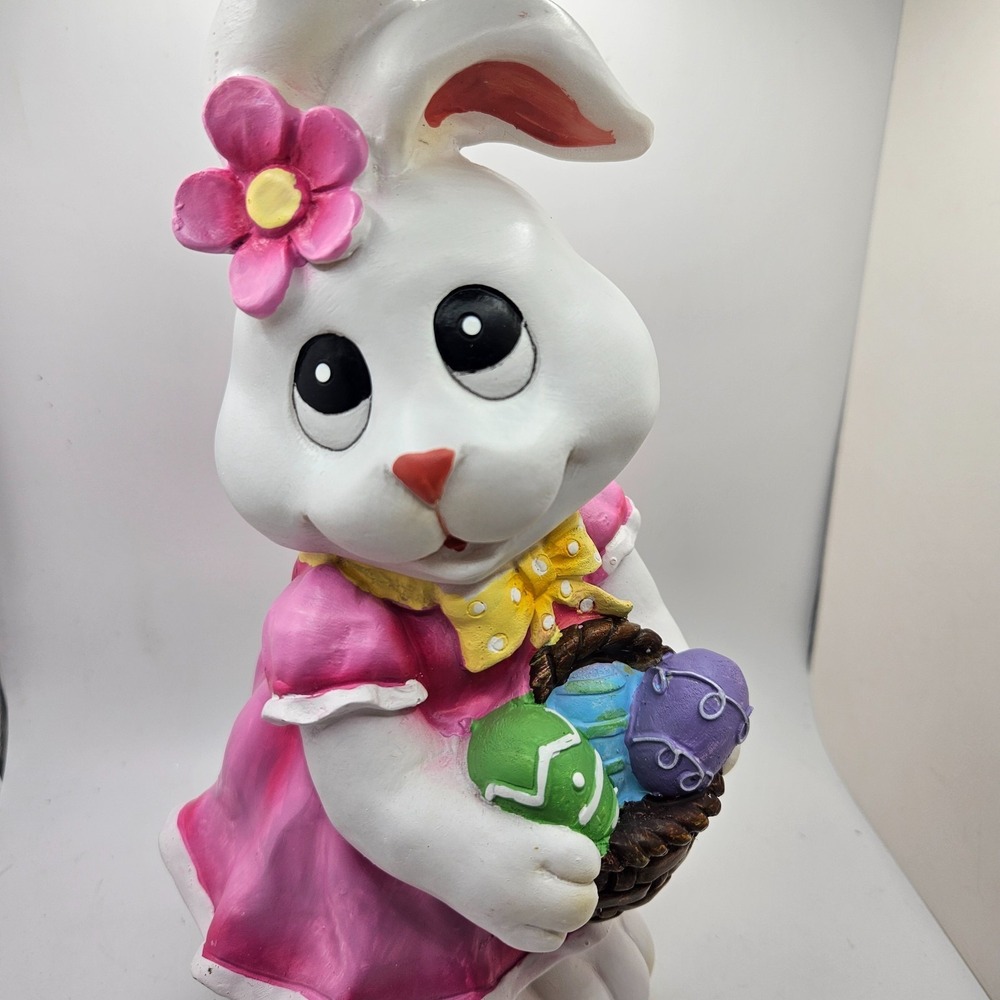 Vintage‎ Easter Bunny Rabbit Figurine Pink Dress Basket Eggs Spring Decor 11"